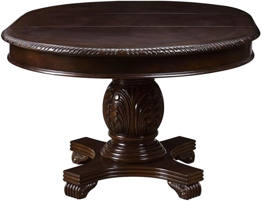 Chateau de Ville Espresso Single Pedestal Extension Dining Table – Round Parquet Top with Ornate Carvings