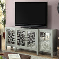 Kacia Console Table in Antique Gray 72" Mirror Front Storage 4 Door Cabinet