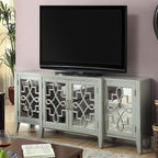 Kacia Console Table in Antique Gray 72" Mirror Front Storage 4 Door Cabinet