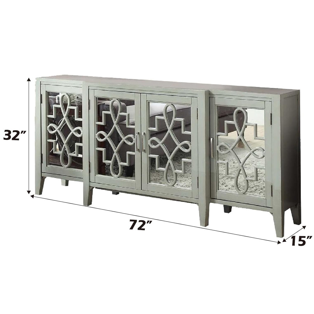 Kacia Console Table in Antique Gray 72" Mirror Front Storage 4 Door Cabinet