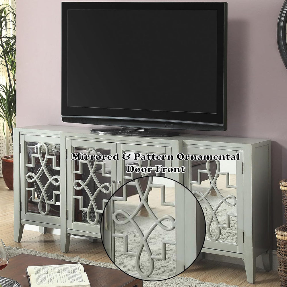 Kacia Console Table in Antique Gray 72" Mirror Front Storage 4 Door Cabinet