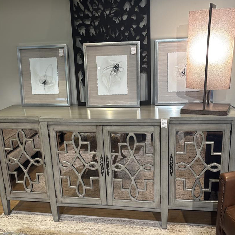 Kacia Console Table in Antique Gray 72" Mirror Front Storage 4 Door Cabinet