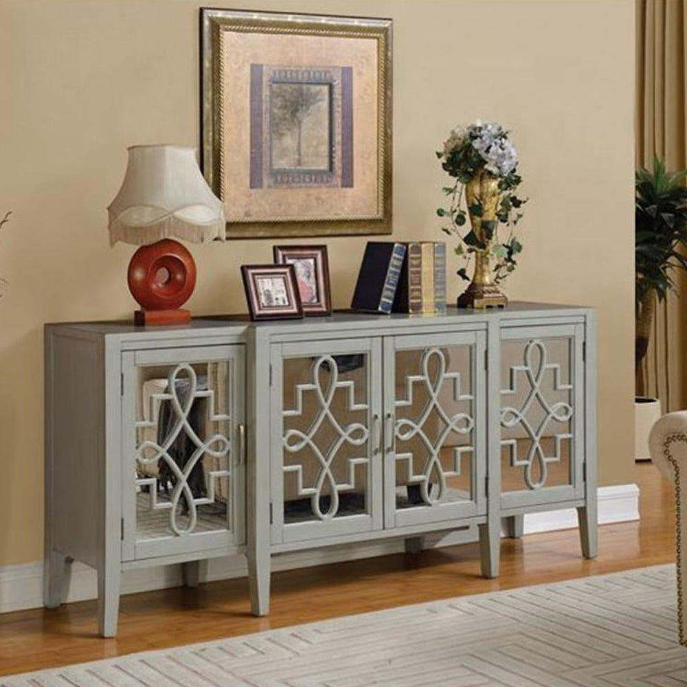 Kacia Console Table in Antique Gray 72" Mirror Front Storage 4 Door Cabinet