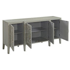 Kacia Console Table in Antique Gray 72" Mirror Front Storage 4 Door Cabinet