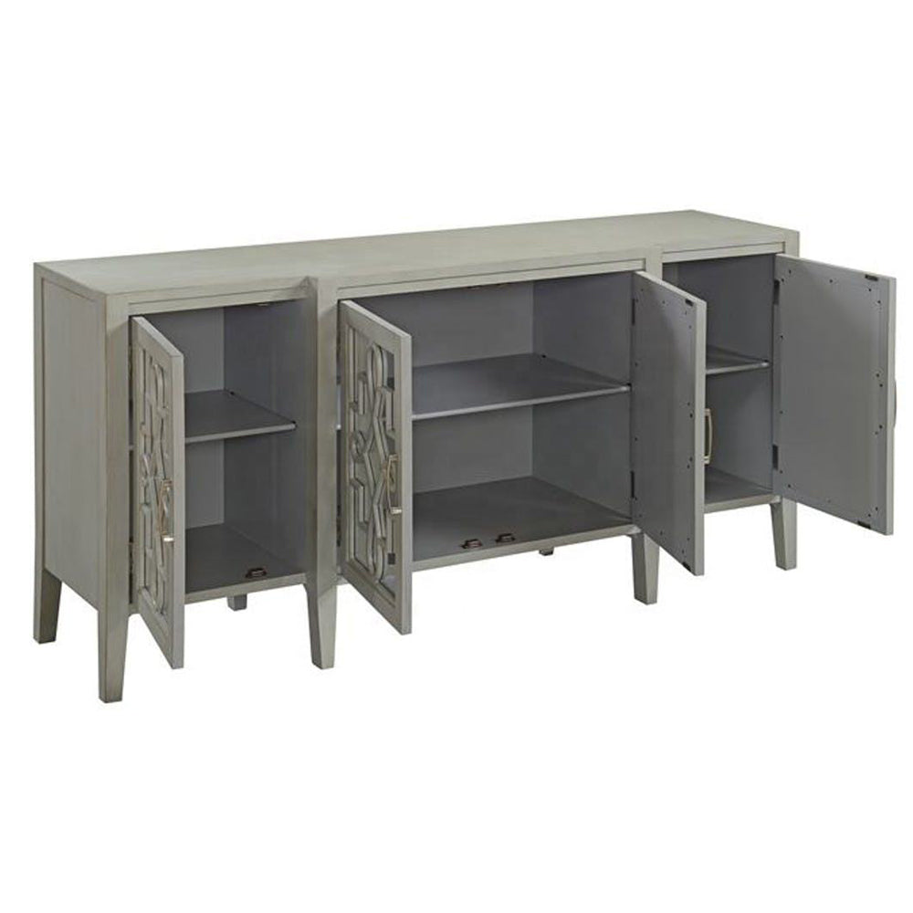 Kacia Console Table in Antique Gray 72" Mirror Front Storage 4 Door Cabinet