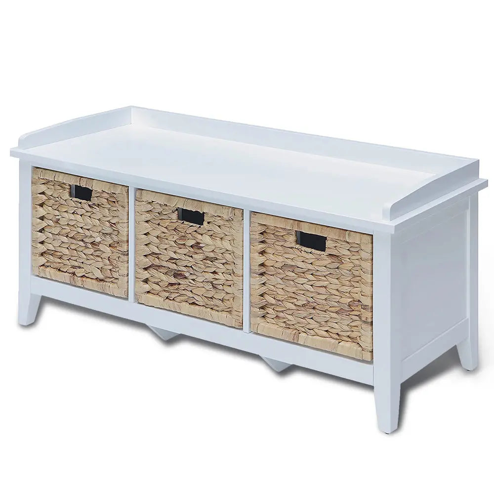 Flavius 3-Drawer Wooden Storage Bench in White with Rattan Baskets, Rectangular Entryway Bench Acme Furniture
