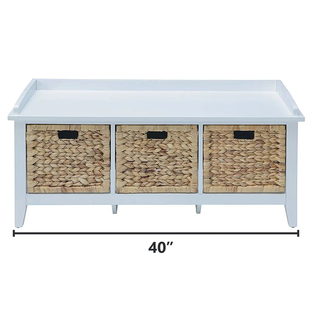 Flavius 3-Drawer Wooden Storage Bench in White with Rattan Baskets, Rectangular Entryway Bench Acme Furniture