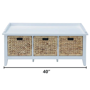 Flavius 3-Drawer Wooden Storage Bench in White with Rattan Baskets, Rectangular Entryway Bench Acme Furniture