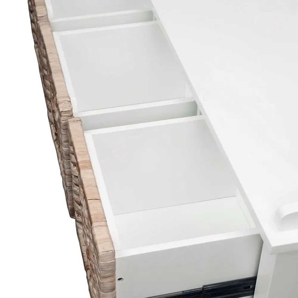 Flavius 3-Drawer Wooden Storage Bench in White with Rattan Baskets, Rectangular Entryway Bench Acme Furniture