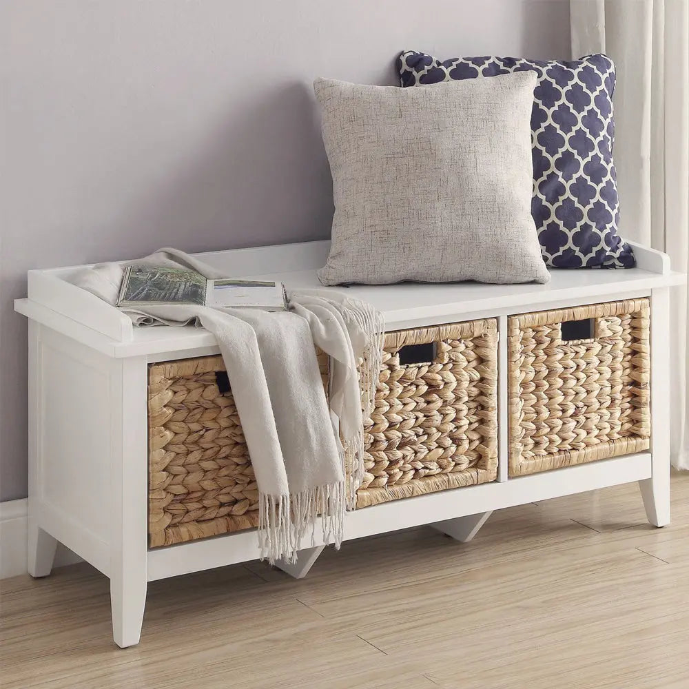 Flavius 3-Drawer Wooden Storage Bench in White with Rattan Baskets, Rectangular Entryway Bench Acme Furniture