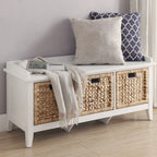 Flavius 3-Drawer Wooden Storage Bench in White with Rattan Baskets, Rectangular Entryway Bench Acme Furniture
