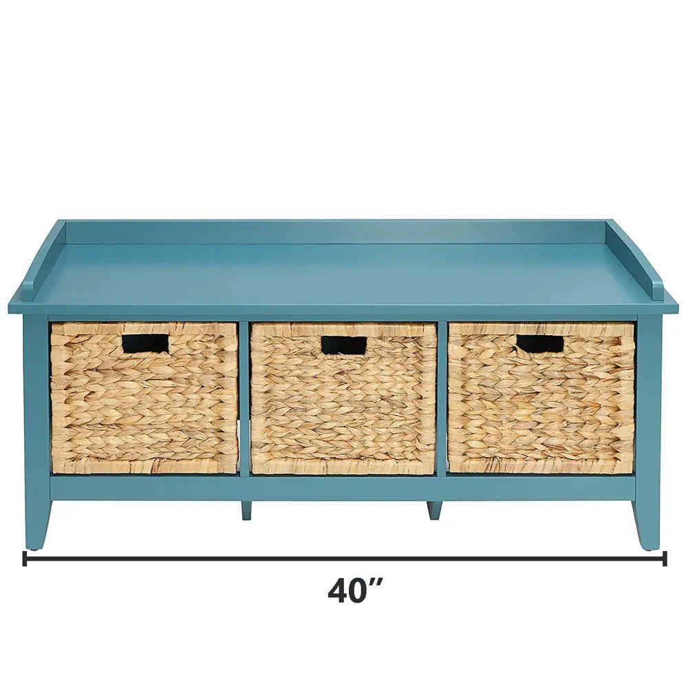 Flavius 3-Drawer Wooden Storage Bench in  Teal with Rattan Baskets, Rectangular Entryway Bench Acme Furniture