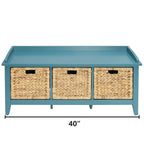 Flavius 3-Drawer Wooden Storage Bench in  Teal with Rattan Baskets, Rectangular Entryway Bench Acme Furniture
