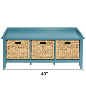 Flavius 3-Drawer Wooden Storage Bench in  Teal with Rattan Baskets, Rectangular Entryway Bench Acme Furniture