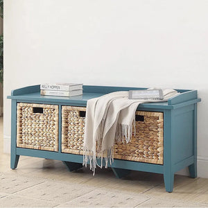 Flavius 3-Drawer Wooden Storage Bench in  Teal with Rattan Baskets, Rectangular Entryway Bench Acme Furniture