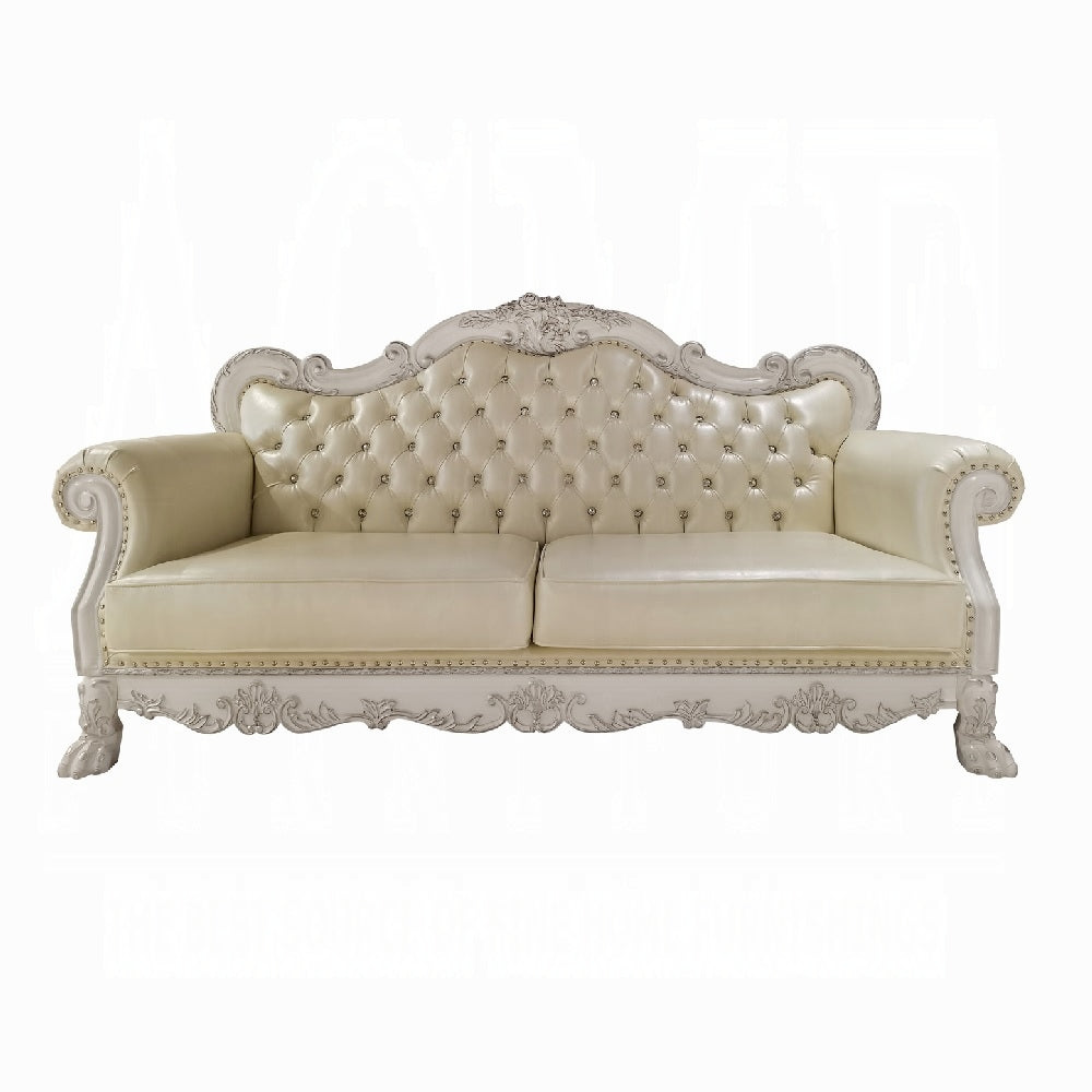 Bone White Dresden Upholstered Faux Leather Leatherette Tufted Sofa with Carvings & Claw Feet | 86" Classic Ornate Sofa