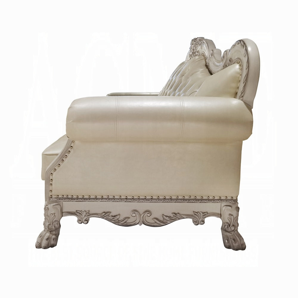 Bone White Dresden Upholstered Faux Leather Leatherette Tufted Sofa with Carvings & Claw Feet | 86" Classic Ornate Sofa