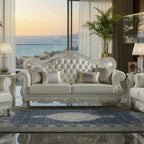 Bone White Dresden Upholstered Faux Leather Leatherette Tufted Sofa with Carvings & Claw Feet | 86" Classic Ornate Sofa