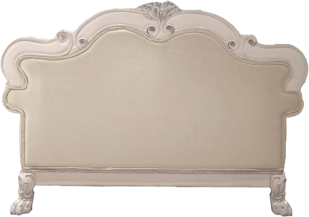 Bone White Dresden Upholstered Faux Leather Leatherette Tufted Sofa with Carvings & Claw Feet | 64" Classic Ornate Sofa