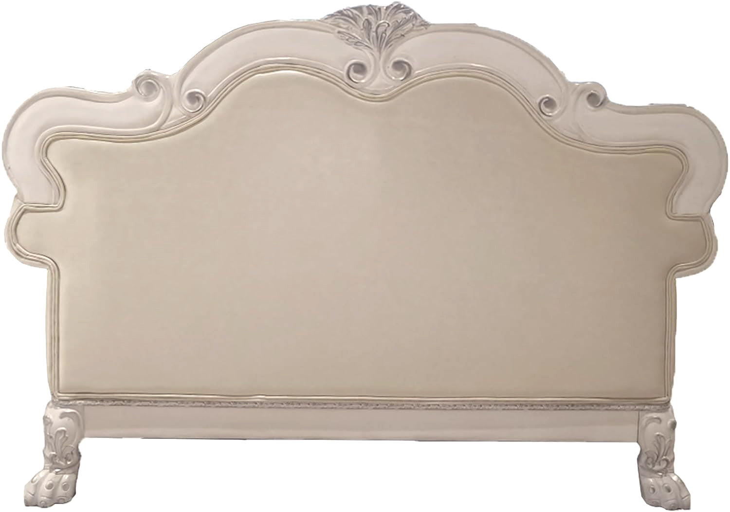 Bone White Dresden Upholstered Faux Leather Leatherette Tufted Sofa with Carvings & Claw Feet | 64" Classic Ornate Sofa
