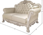 Bone White Dresden Upholstered Faux Leather Leatherette Tufted Sofa with Carvings & Claw Feet | 64" Classic Ornate Sofa