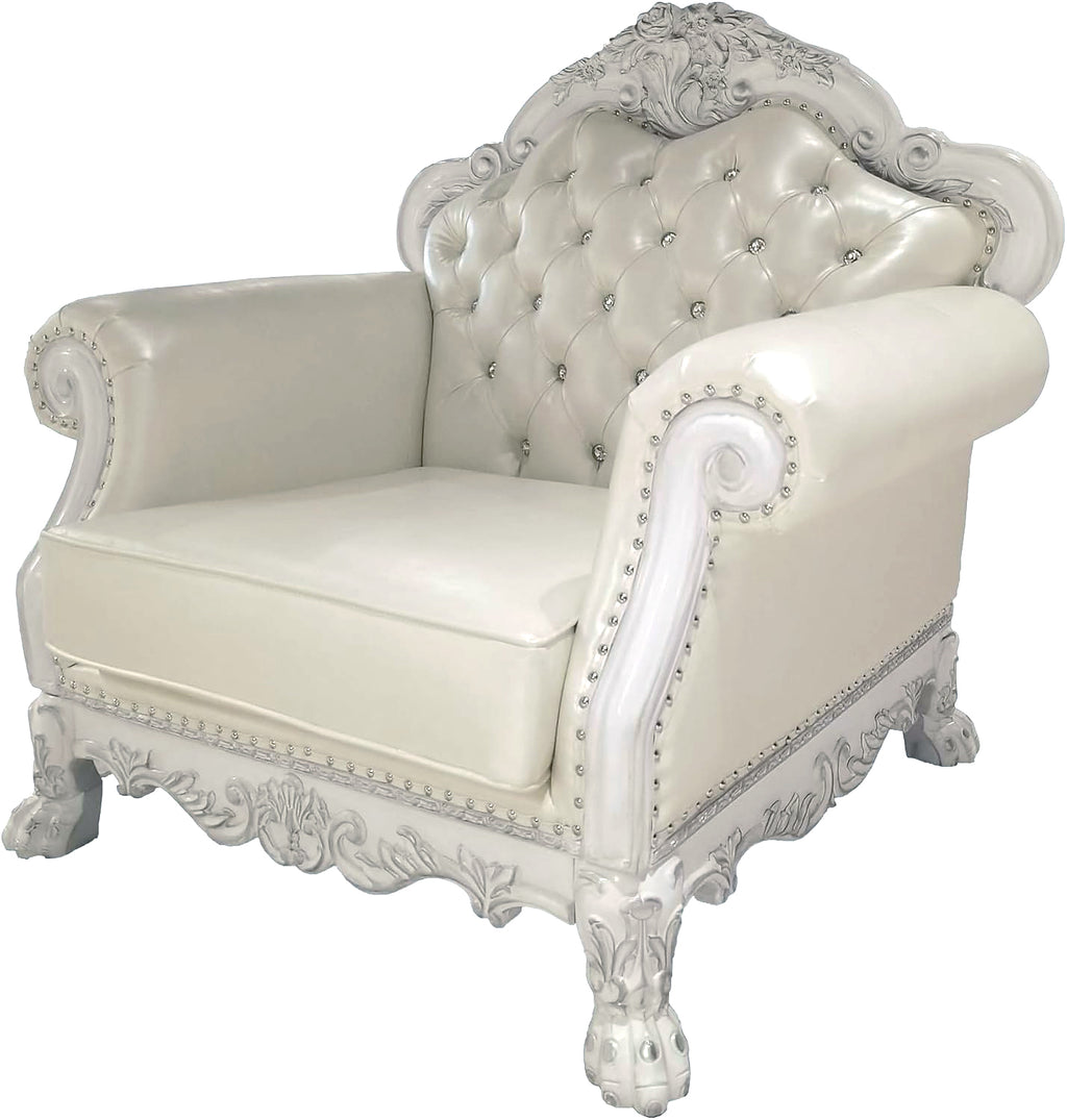 Bone White Dresden Upholstered Faux Leather Leatherette Tufted Sofa with Carvings & Claw Feet | Single Seat