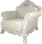 Bone White Dresden Upholstered Faux Leather Leatherette Tufted Sofa with Carvings & Claw Feet | Single Seat
