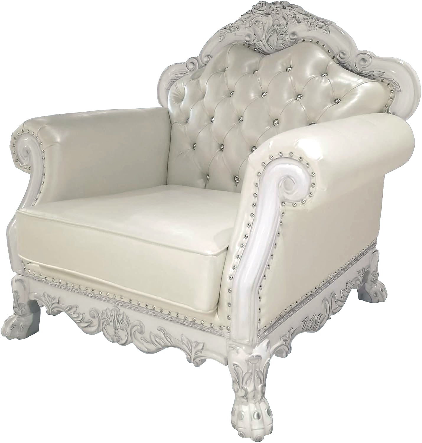Bone White Dresden Upholstered Faux Leather Leatherette Tufted Sofa with Carvings & Claw Feet | Single Seat