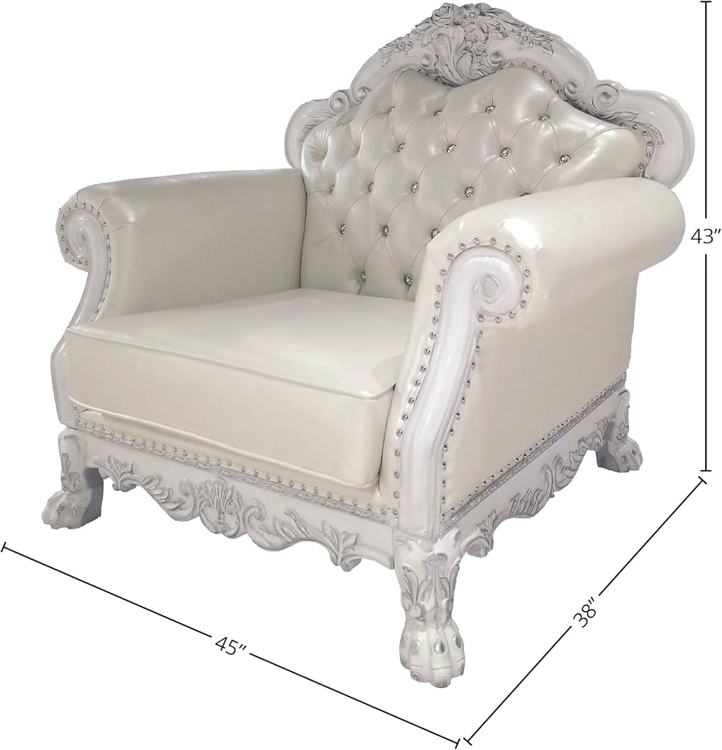 Bone White Dresden Upholstered Faux Leather Leatherette Tufted Sofa with Carvings & Claw Feet | Single Seat