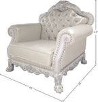 Bone White Dresden Upholstered Faux Leather Leatherette Tufted Sofa with Carvings & Claw Feet | Single Seat