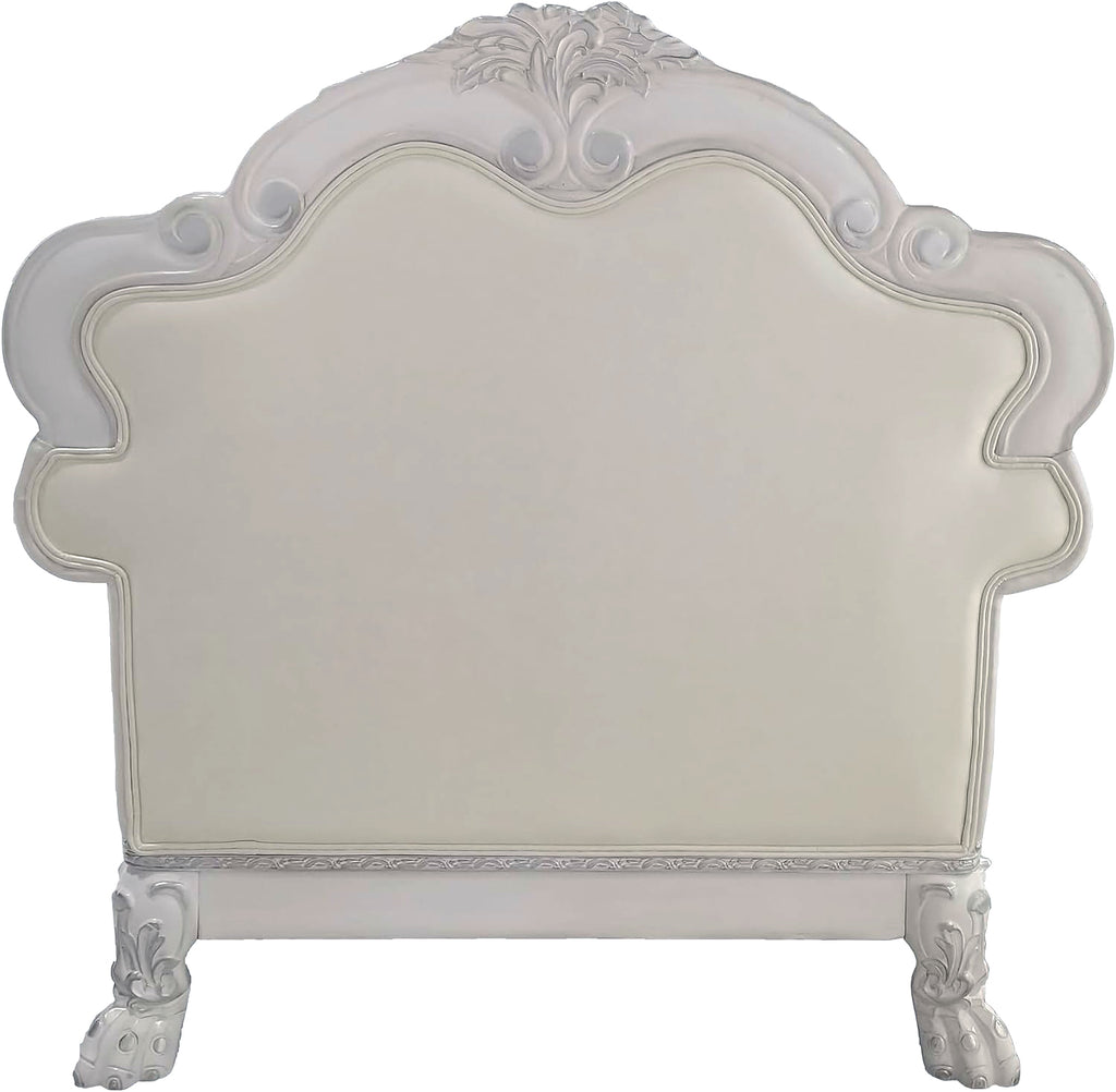 Bone White Dresden Upholstered Faux Leather Leatherette Tufted Sofa with Carvings & Claw Feet | Single Seat