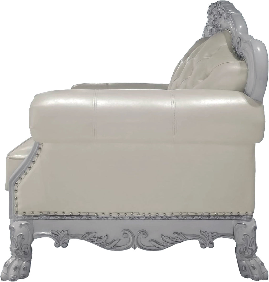 Bone White Dresden Upholstered Faux Leather Leatherette Tufted Sofa with Carvings & Claw Feet | Single Seat