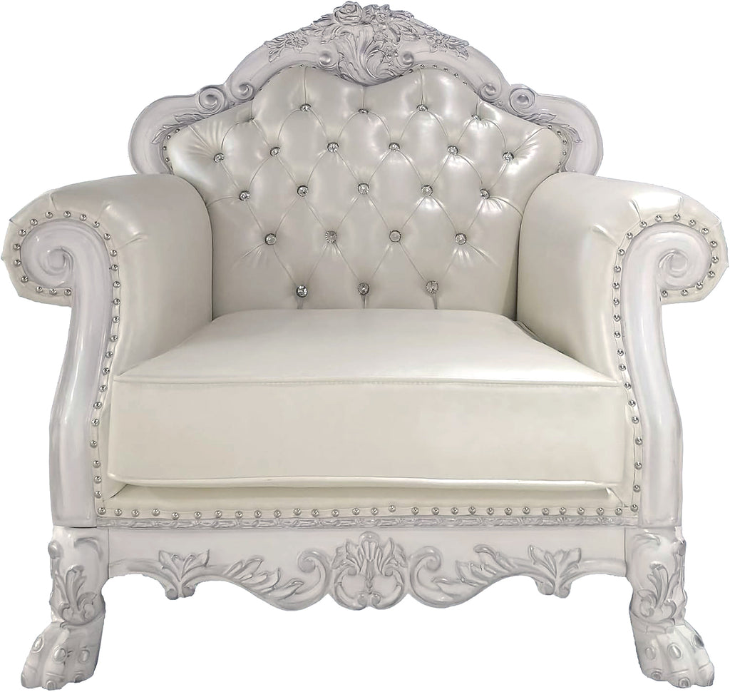 Bone White Dresden Upholstered Faux Leather Leatherette Tufted Sofa with Carvings & Claw Feet | Single Seat