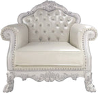 Bone White Dresden Upholstered Faux Leather Leatherette Tufted Sofa with Carvings & Claw Feet | Single Seat
