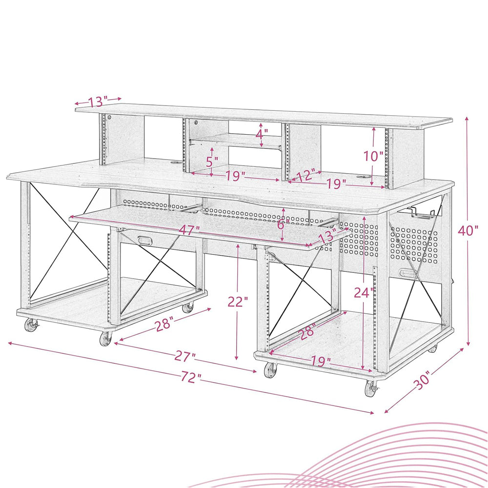 Music Desk, Included Wheels, Multiple Functional & Storage Spaces, in White Finish