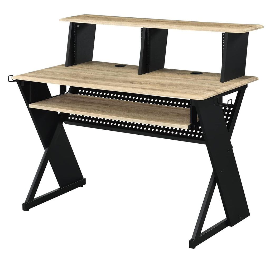 Rectangular Music Desk Table with Earphone Rack, Natural and Black