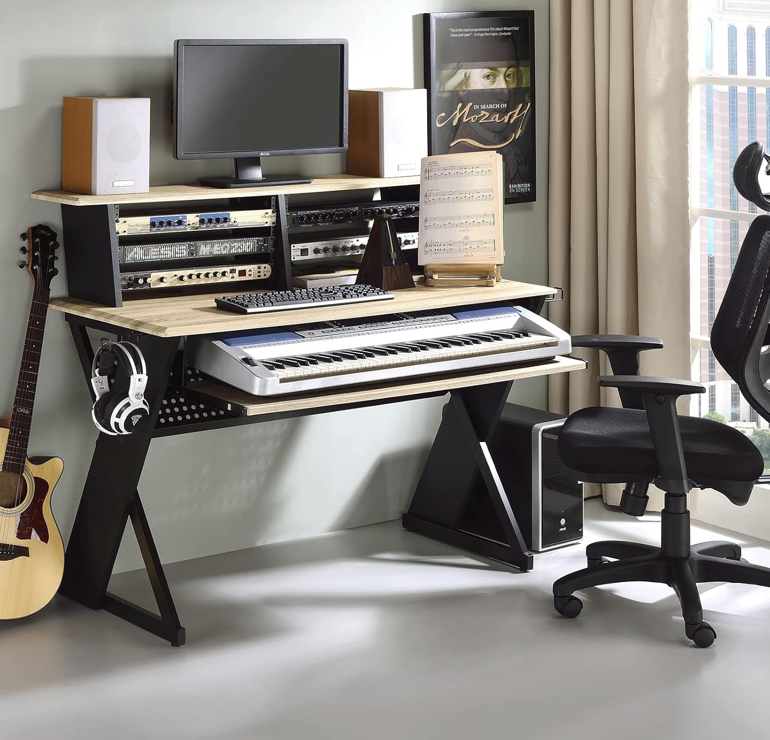 Rectangular Music Desk Table with Earphone Rack, Natural and Black