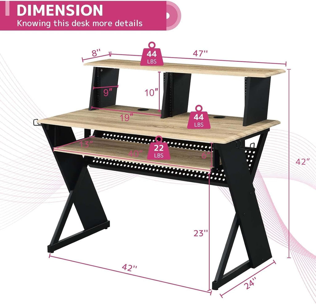 Rectangular Music Desk Table with Earphone Rack, Natural and Black