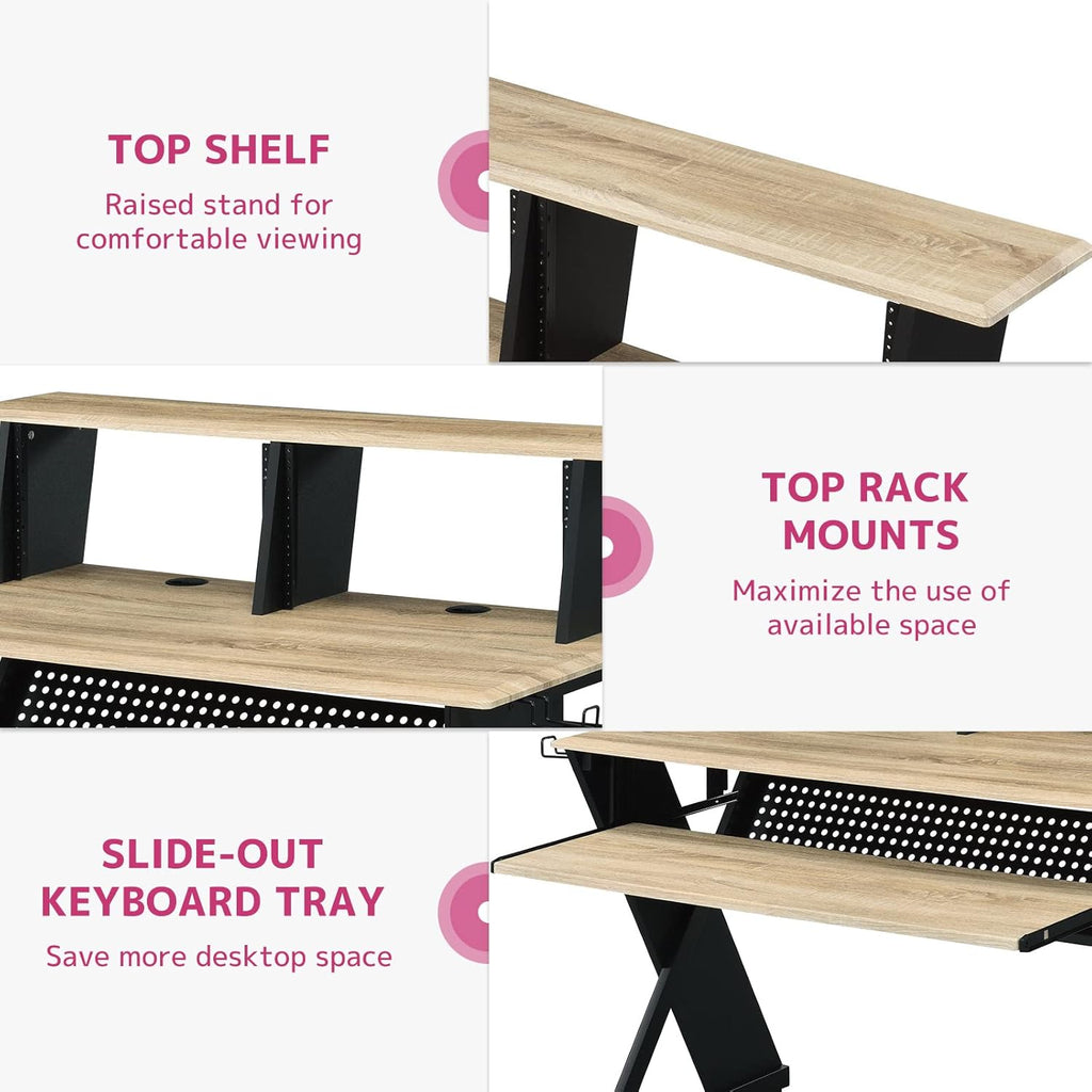 Rectangular Music Desk Table with Earphone Rack, Natural and Black