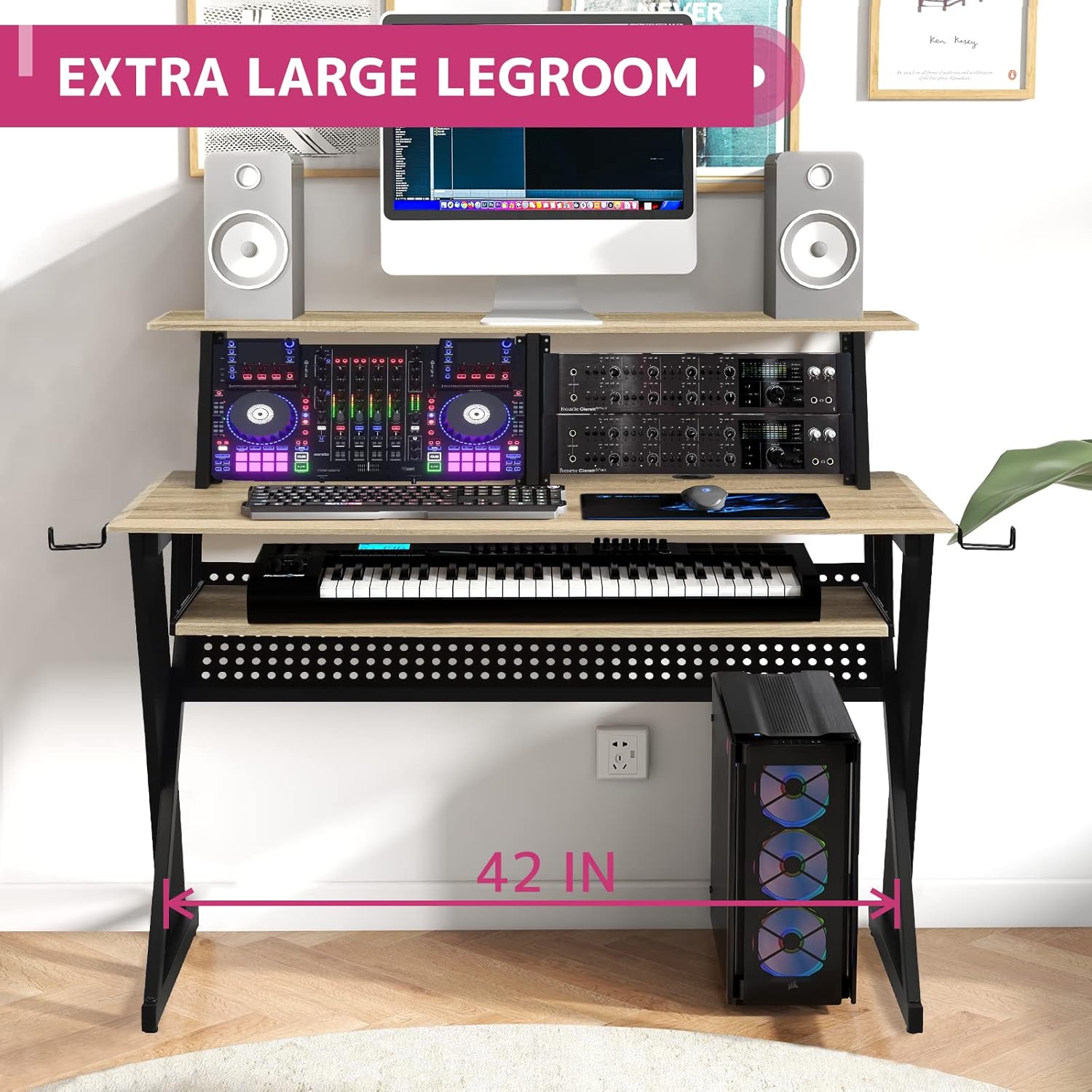 Rectangular Music Desk Table with Earphone Rack, Natural and Black