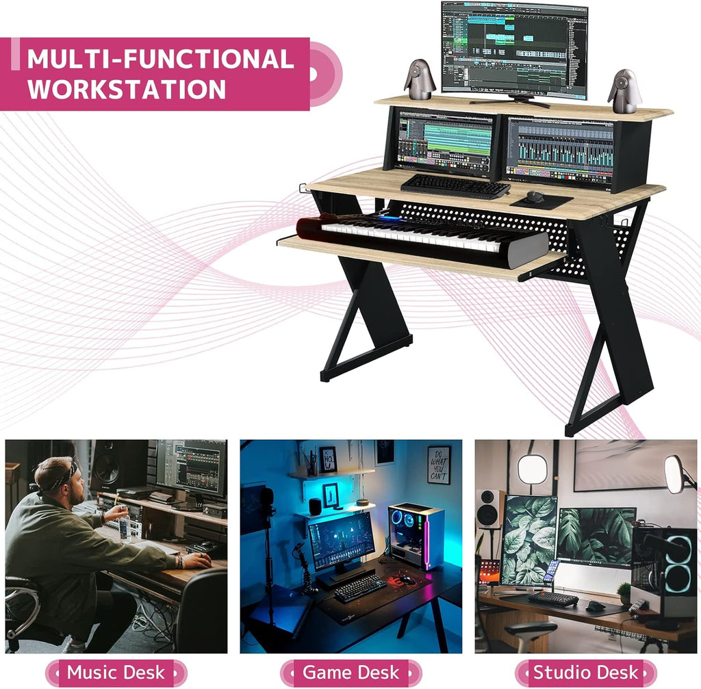 Rectangular Music Desk Table with Earphone Rack, Natural and Black