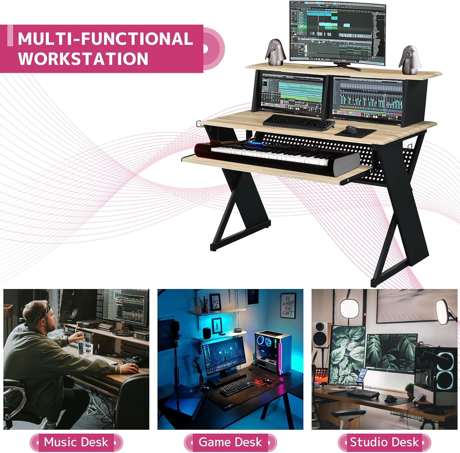 Rectangular Music Desk Table with Earphone Rack, Natural and Black