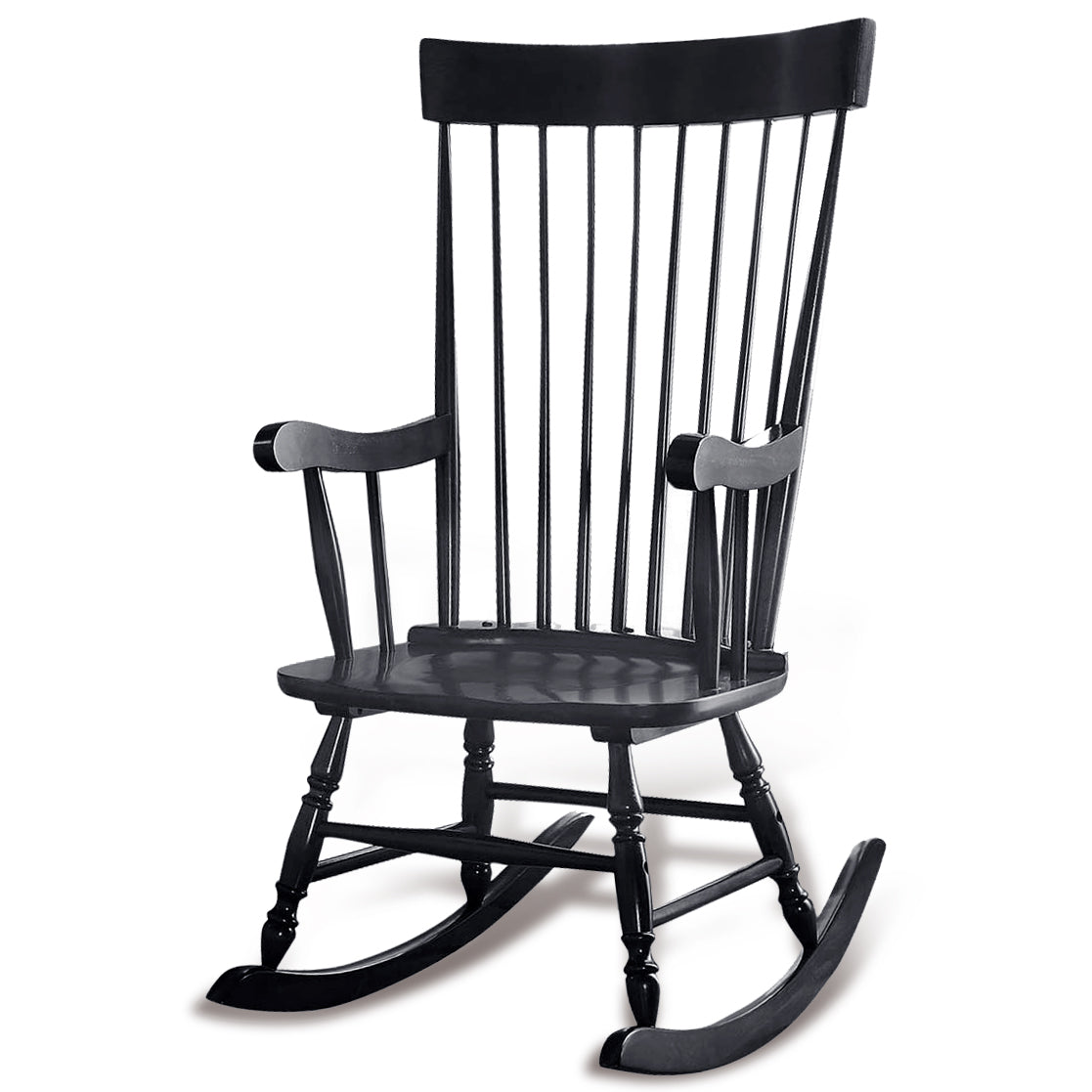 Wooden Rocking Chair with Spindle Back and Recessed Armrest in Black