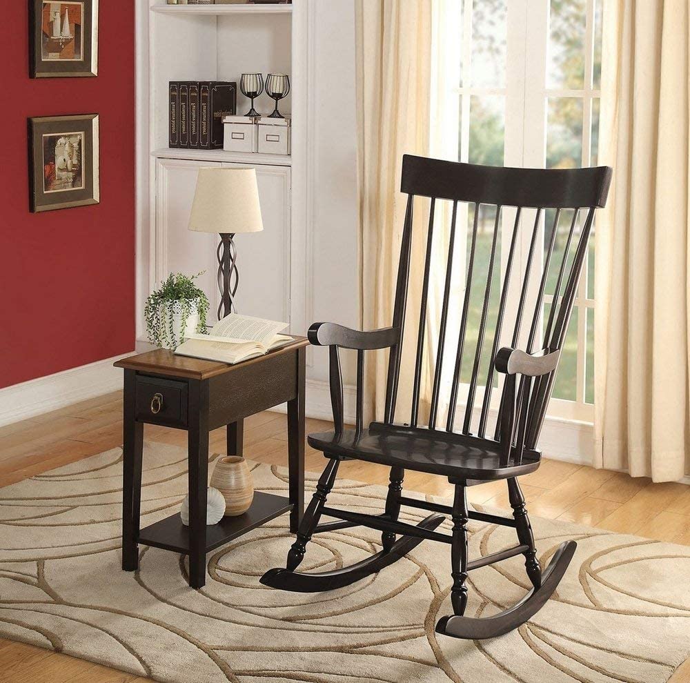 Wooden Rocking Chair with Spindle Back and Recessed Armrest in Black