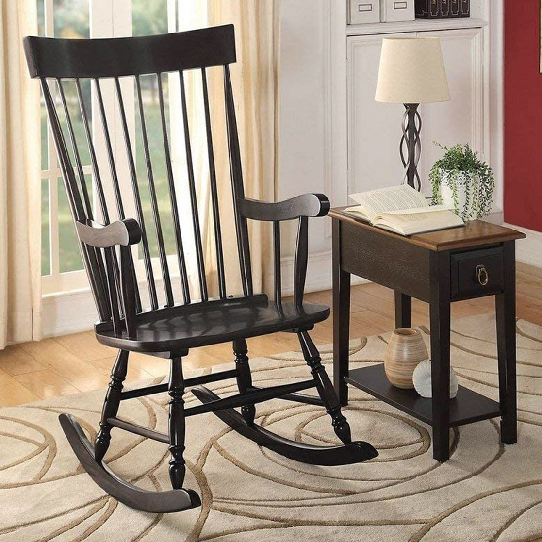 Wooden Rocking Chair with Spindle Back and Recessed Armrest in Black