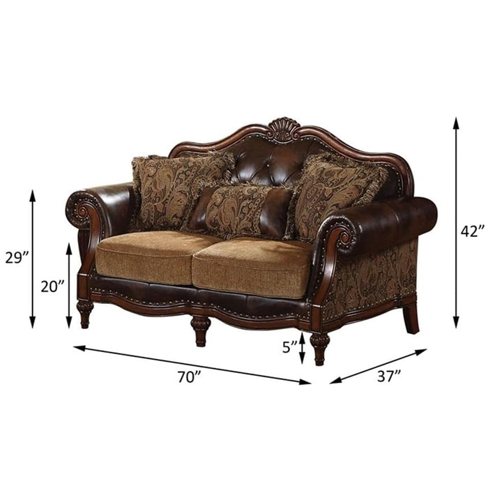Dreena Rolled Arm Upholstered Chair Loveseat with 3 Pillow in Brown Faux Leather