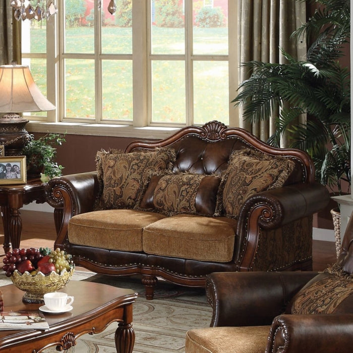 Dreena Rolled Arm Upholstered Chair Loveseat with 3 Pillow in Brown Faux Leather