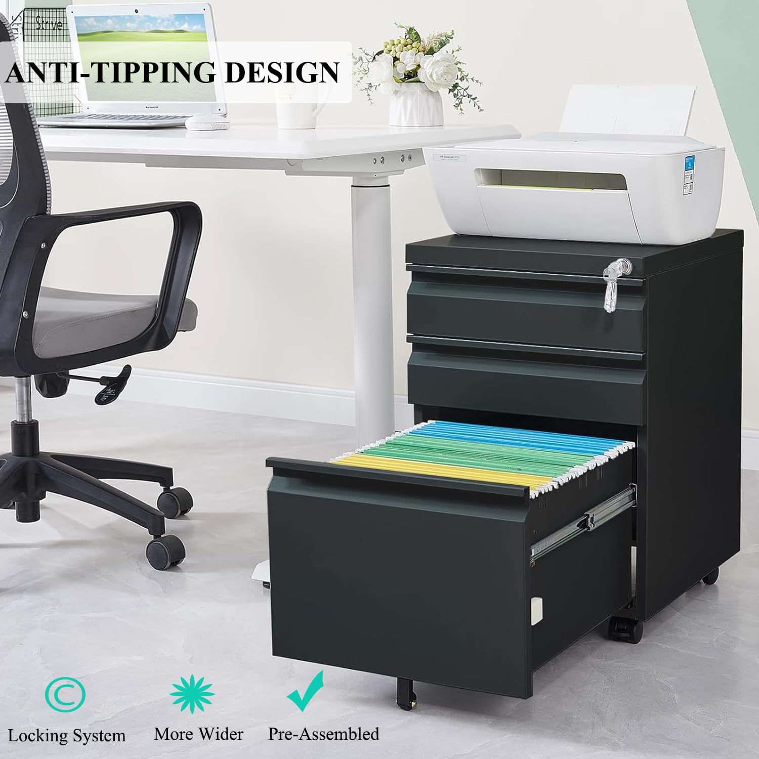 3-Drawer Mobile File Cabinets Rolling Metal Filing Cabinet for Legal & Letter File Anti-tilt Design with Lock Under Desk Office Drawers