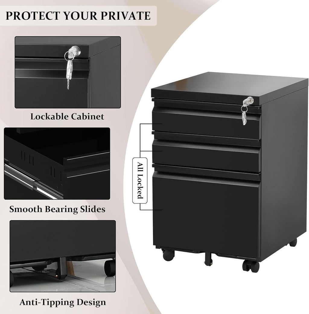 3-Drawer Mobile File Cabinets Rolling Metal Filing Cabinet for Legal & Letter File Anti-tilt Design with Lock Under Desk Office Drawers