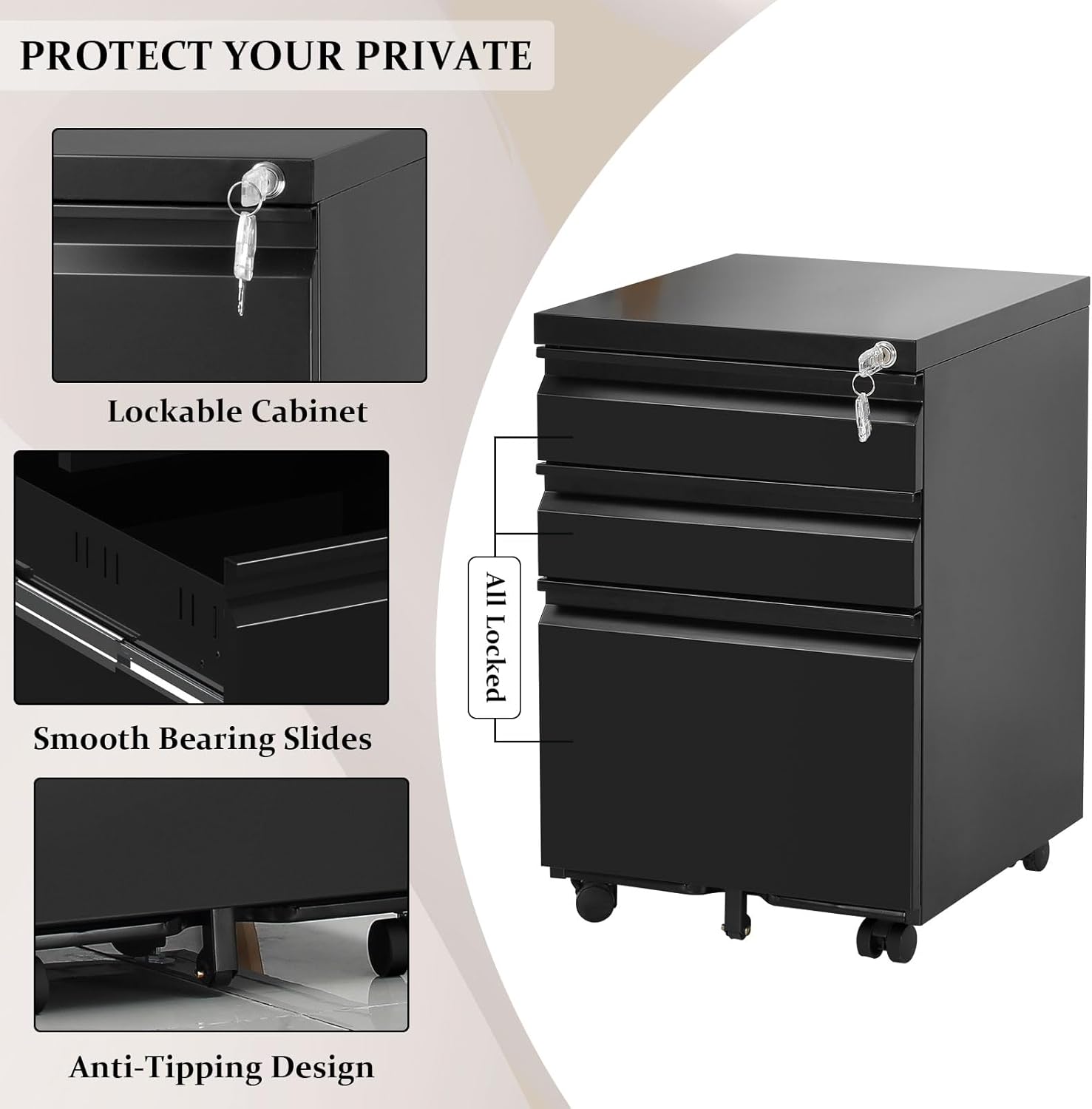3-Drawer Mobile File Cabinets Rolling Metal Filing Cabinet for Legal & Letter File Anti-tilt Design with Lock Under Desk Office Drawers